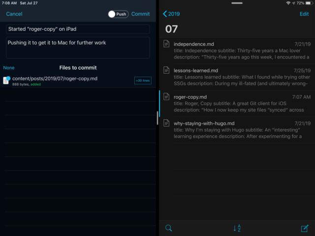 iPad screen capture: Working Copy on the left, iA Writer on the right