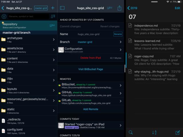 iPad screen capture: Working Copy display of the local Git repository on the device