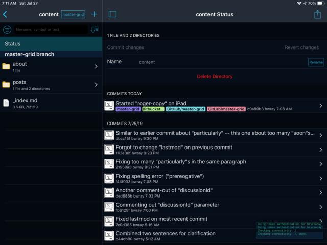iPad screen capture: Working Copy display showing that the master branch is synchronized with the three remote repositories