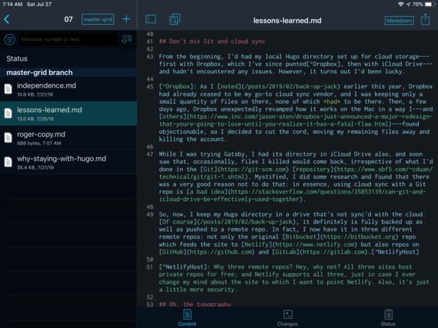 iPad screen capture: Working Copy display showing its built-in text editor