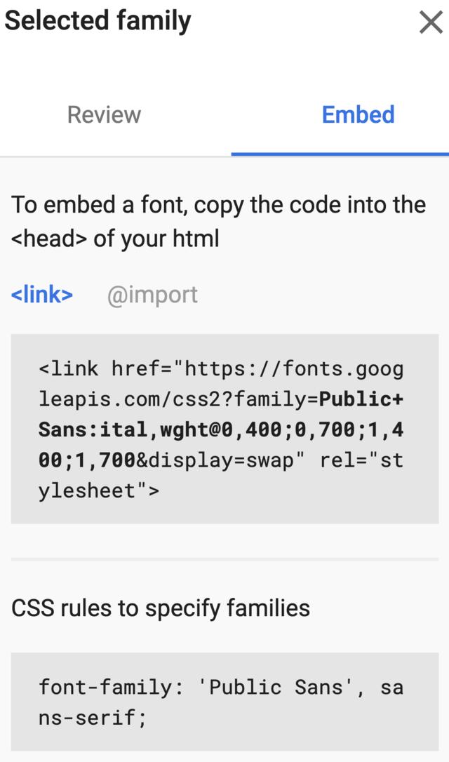 Screen capture from Google Fonts showing code for embedding