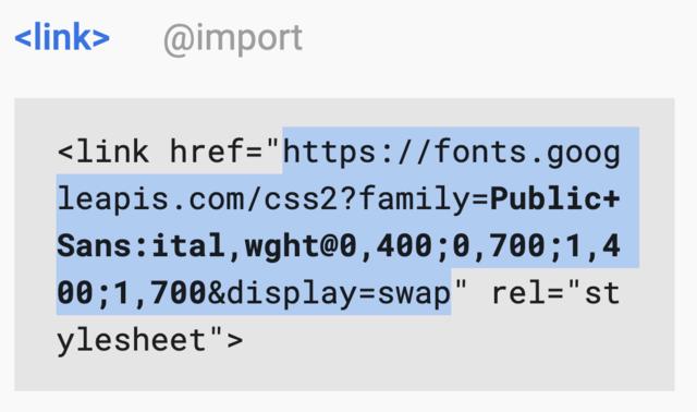 Screen capture from Google Fonts showing the URL to select