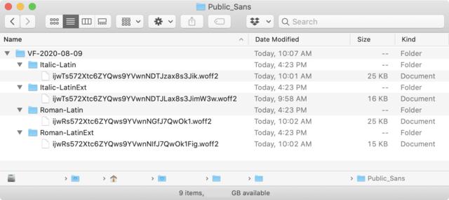 Screen capture of OS folder with Public Sans typeface files