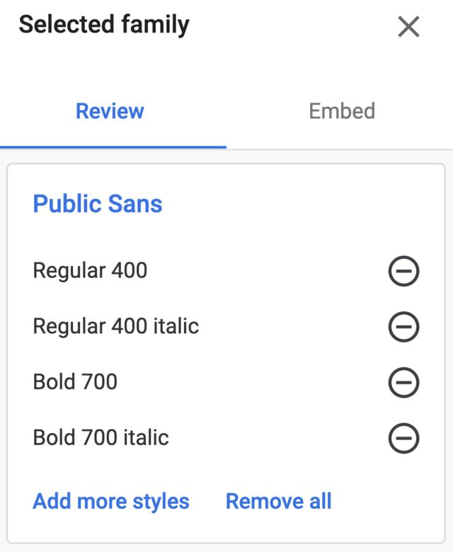 Screen capture from Google Fonts showing typeface selections