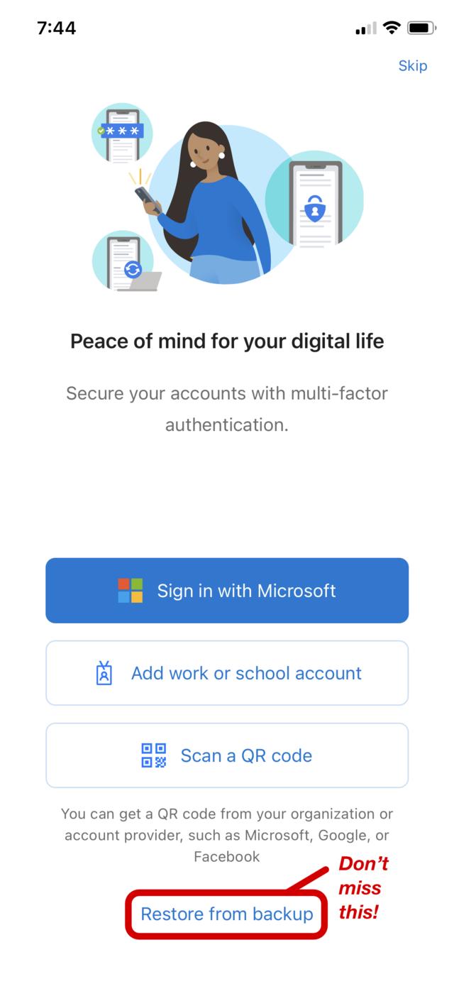 Annotated screen capture from Microsoft Authenticator application setup process