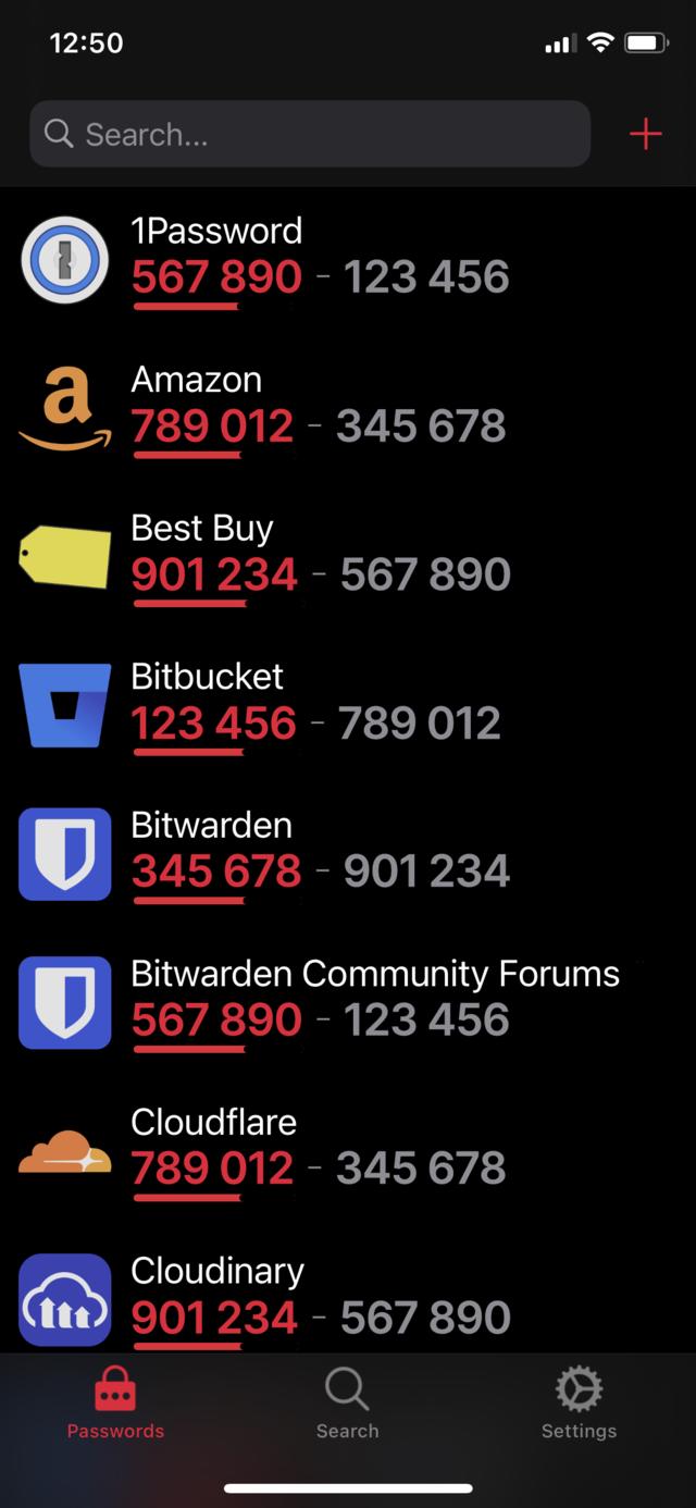 Edited screen capture of Raivo OTP application