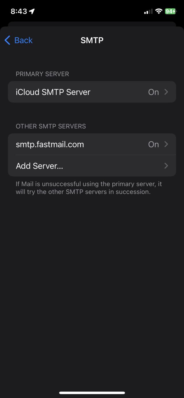 iOS setting for iCloud SMTP backup server
