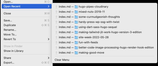 A dropdown menu showing 10 recent-file entries, each with the same name but different paths.