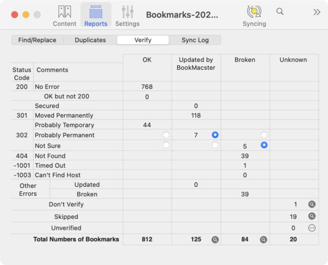 The “Verify” tab of the “Reports” item within a BookMacster collection file