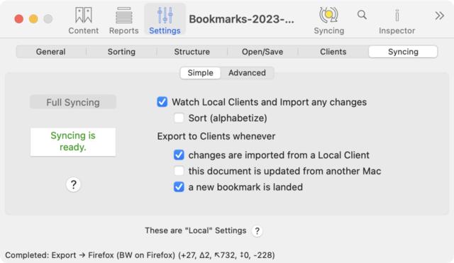 The “Syncing” tab for a collection file within the BookMacster app