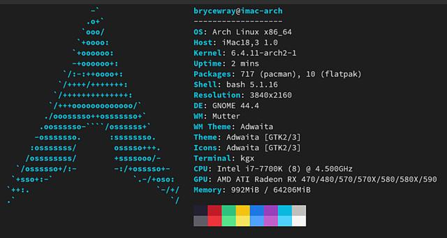 ASCII art output from the “neofetch” app, showing Arch Linux running on a 2017 iMac