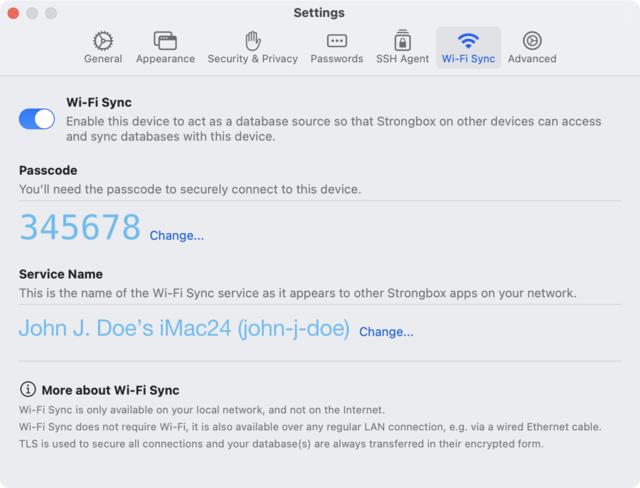 Edited screen capture of Strongbox Wi-Fi Sync settings